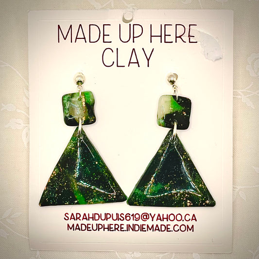 Emerald and gold triangle earrings